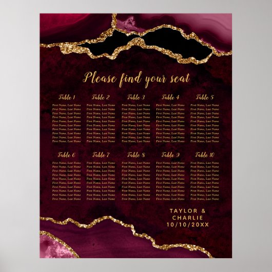 Red and Gold Agate Wedding Seating Chart Poster (Voorkant)