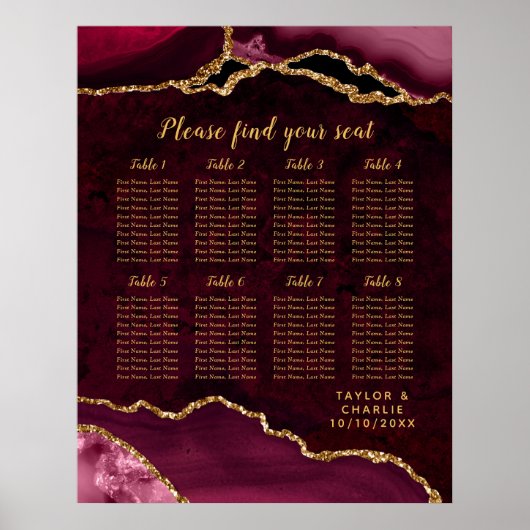 Red and Gold Agate Wedding Seating Chart Poster (Voorkant)