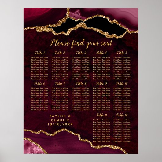 Red and Gold Agate Wedding Seating Chart Poster (Voorkant)