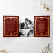 Red and Gold Art Deco Foto Collage Wedding Drieluik Uitnodiging (Binnen)