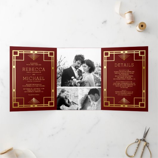 Red and Gold Art Deco Foto Collage Wedding Drieluik Uitnodiging (Binnen)