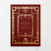 Red and Gold Art Deco Foto Collage Wedding Drieluik Uitnodiging (Cover)