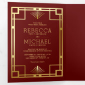 Red and Gold Art Deco Foto Collage Wedding Drieluik Uitnodiging (Binnenzijde eerst)