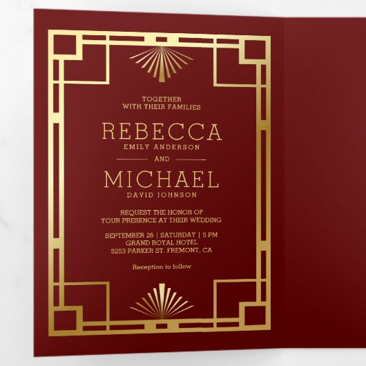 Red and Gold Art Deco Foto Collage Wedding Drieluik Uitnodiging (Binnenzijde eerst)