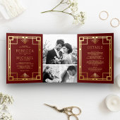 Red and Gold Art Deco Foto Collage Wedding Drieluik Uitnodiging