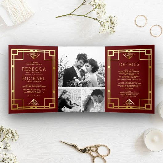 Red and Gold Art Deco Foto Collage Wedding Drieluik Uitnodiging