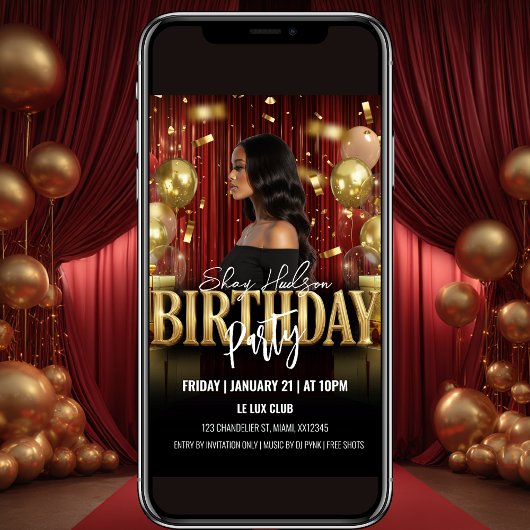 Red and Gold Birthday Party Invitation Kaart