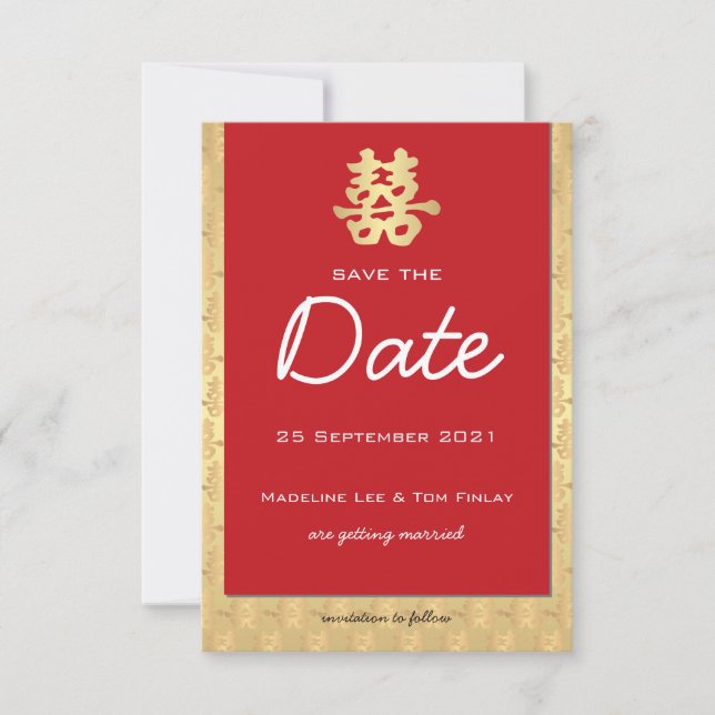 Red and Gold Chinese Wedding Save the Date (Voorkant)