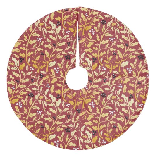 Red and gold christmas holly branches pattern fleece kerstboom rok (Voorkant)