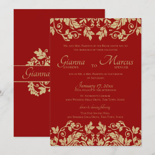 Red and Gold Damask Emblem Wedding Kaart