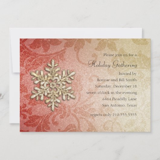 Red and Gold Damask Snowflake Holiday Party Kaart (Voorkant)