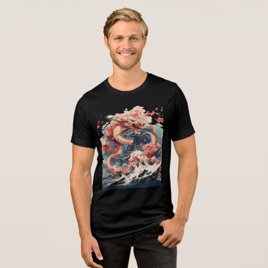Red and Gold Dragon Over Stormy Sea Tri-Blend Shirt (Voorkant volledig)