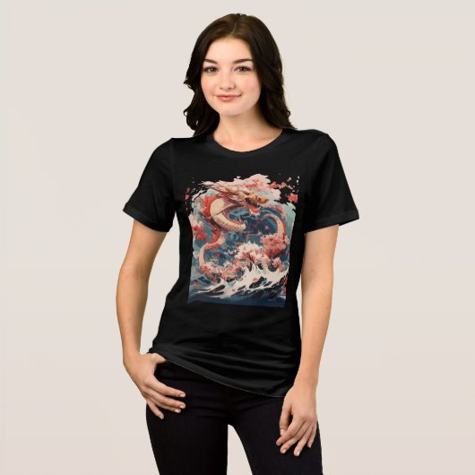 Red and Gold Dragon Over Stormy Sea Tri-Blend Shirt (Voorkant volledig)