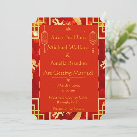 Red and Gold Dragon Wedding Bewaar de datum Save The Date (Staand voorkant)