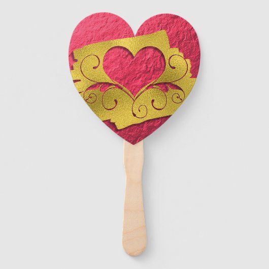 Red and Gold Faux Folie Heart Cut-Out Valentijn Handwaaier (Voorkant)