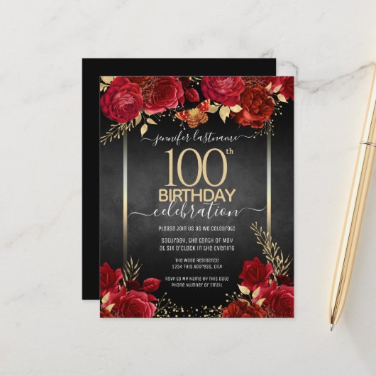 Red and Gold Floral 100th Birthday Invitation (Voorkant / Achterkant in situ)