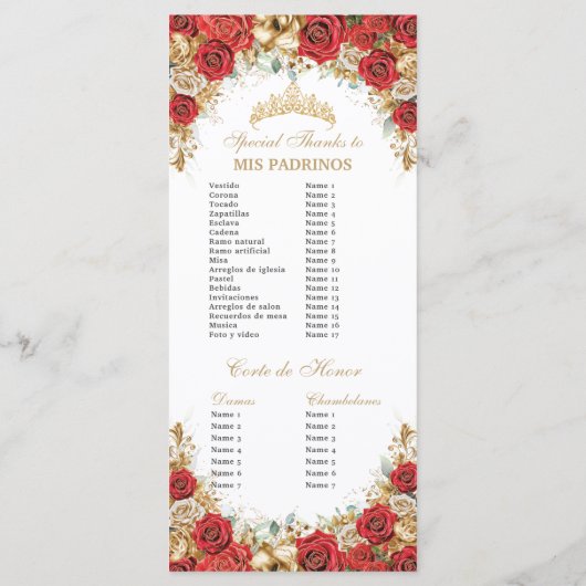 Red and Gold Floral Quinceanera Order of Events Programmakaart (Achterkant)