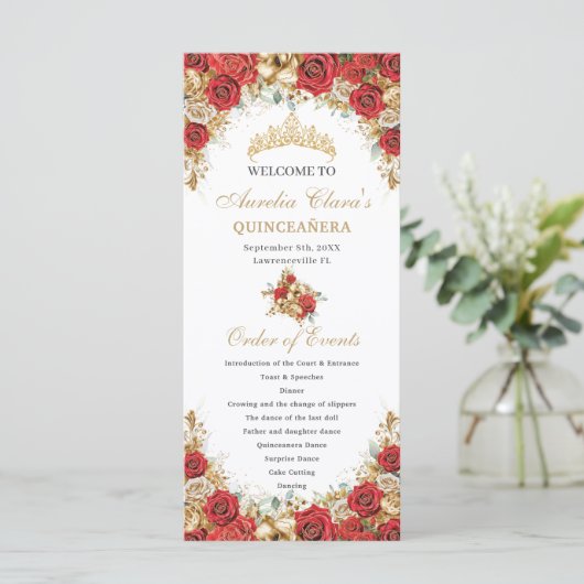 Red and Gold Floral Quinceanera Order of Events Programmakaart (Staand voorkant)