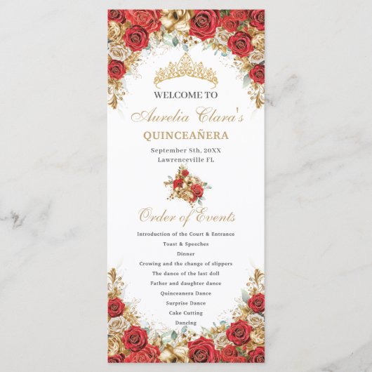 Red and Gold Floral Quinceanera Order of Events Programmakaart (Voorkant)