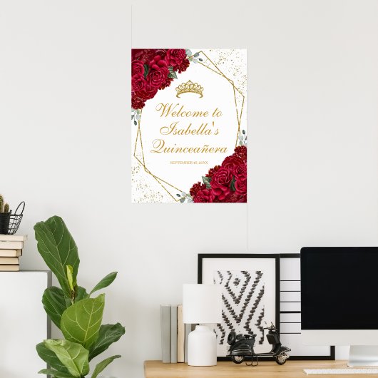 Red and Gold Floral Quinceanera Welcome Poster (Thuiskantoor)