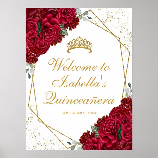 Red and Gold Floral Quinceanera Welcome Poster (Voorkant)