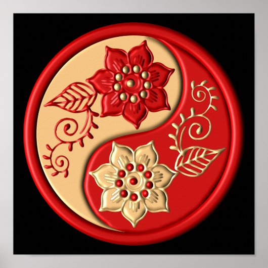 Red and Gold Floral Yin Yang Poster (Voorkant)