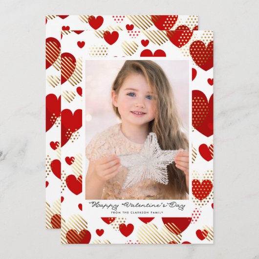 Red and Gold Foil Hearts Pattern Valentijnsdag Feestdagenkaart (Voorkant / Achterkant)