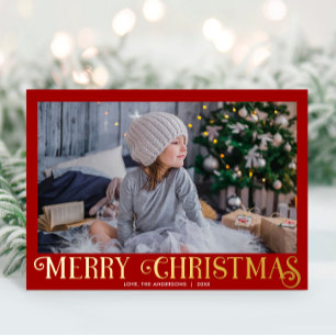 Red and Gold Foil Modern Merry-kerstfoto Folie Feestdagenkaart