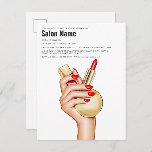 Red and Gold Glam Chic Beauty Salon Openen Uitnodiging Briefkaart (Voorkant / Achterkant)