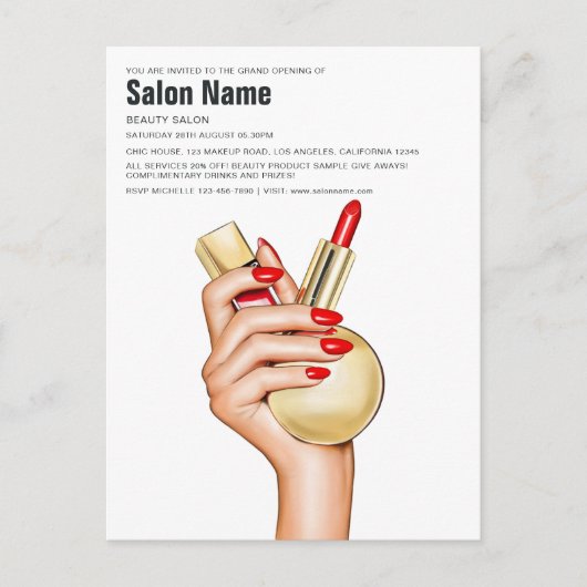 Red and Gold Glam Chic Beauty Salon Openen Uitnodiging Briefkaart (Voorkant)