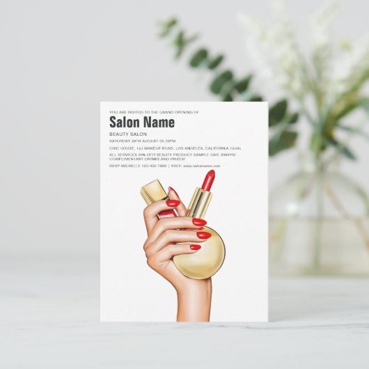 Red and Gold Glam Chic Beauty Salon Openen Uitnodiging Briefkaart (Staand voorkant)