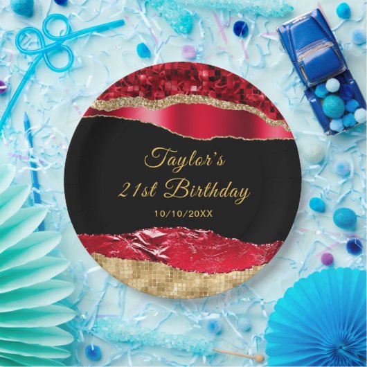 Red and Gold Glam Tears Verjaardagsfeest Papieren Bordje (Feest)