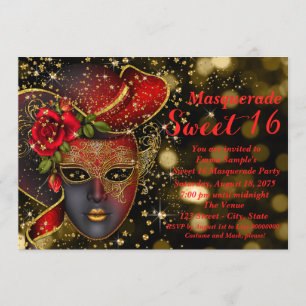 Red and Gold Glitter Masquerade Party Kaart