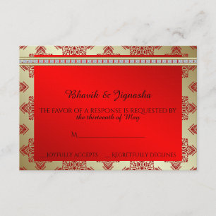 Red and Gold Indian Damask Wedding Response Card RSVP Kaartje