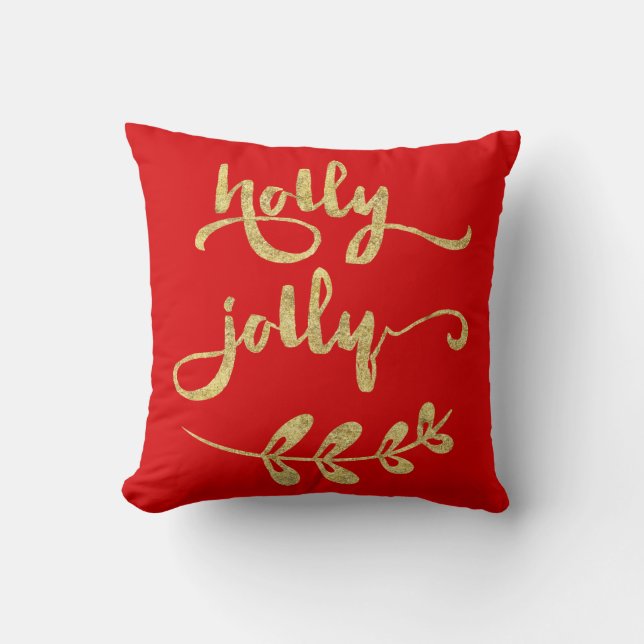 Red and Gold Kerstmis Pillow Holly Jolly Kussen (Voorkant)