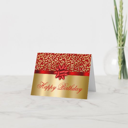 Red and Gold Leopard Shimmer Glam Birthday Gift Kaart (Voorkant)