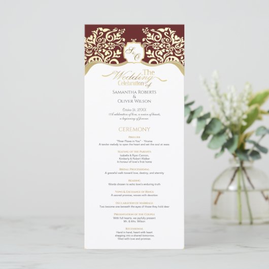 Red and Gold Monogram Wedding Program Programmakaart (Staand voorkant)
