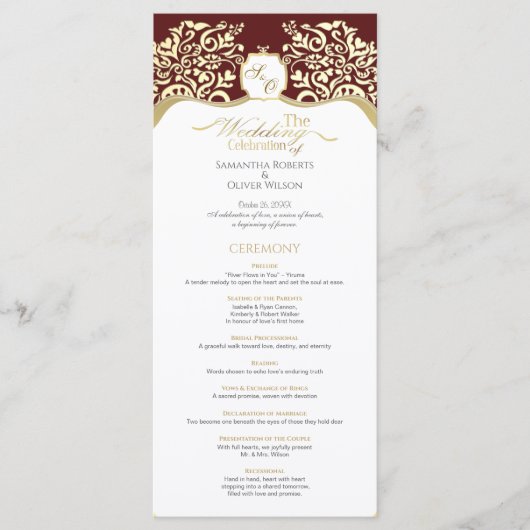  Red and Gold Monogram Wedding Program Programmakaart (Voorkant)