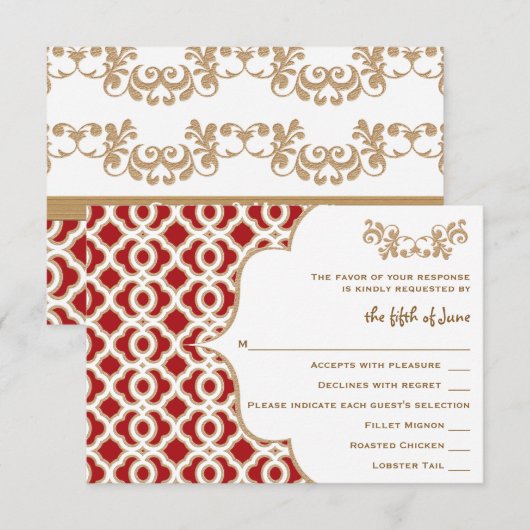 Red and Gold Moroccan Wedding Response Cards RSVP Kaartje (Voorkant / Achterkant)