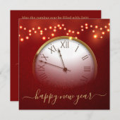 Red and Gold New Year’s Card with Midnight Clock Feestdagenkaart (Voorkant / Achterkant)