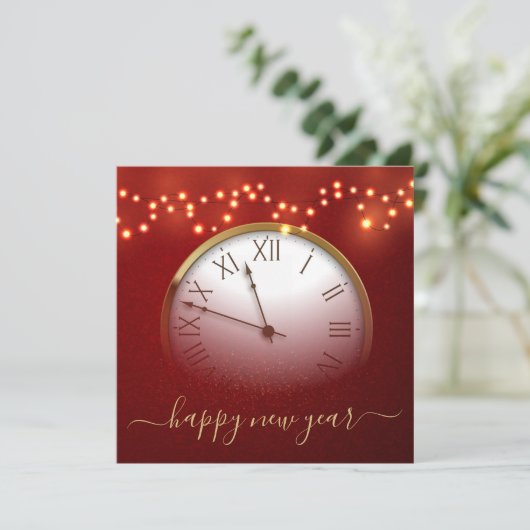 Red and Gold New Year’s Card with Midnight Clock Feestdagenkaart (Staand voorkant)