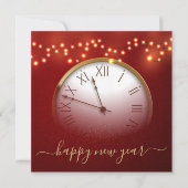 Red and Gold New Year’s Card with Midnight Clock Feestdagenkaart (Voorkant)