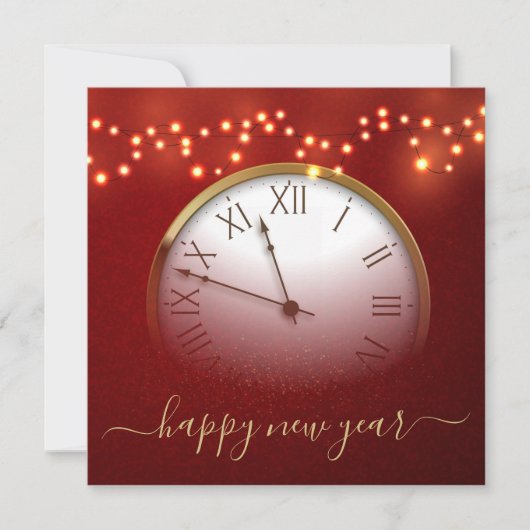 Red and Gold New Year’s Card with Midnight Clock Feestdagenkaart (Voorkant)