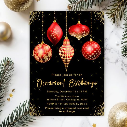 Red and Gold Ornament Exchange Party Kaart