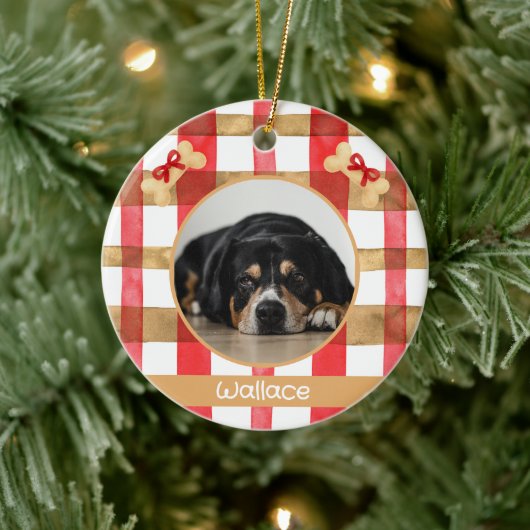 Red and Gold Plaid Round Pet Ornament (Boom)