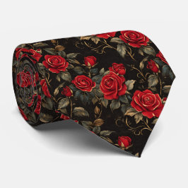Red and Gold Roses On Black Stropdas