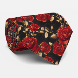 Red and Gold Roses On Black Stropdas