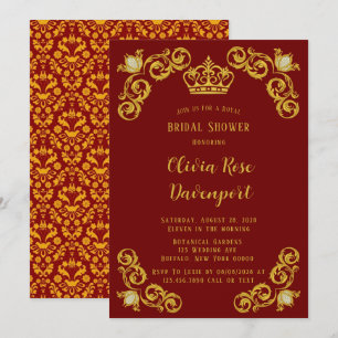 Red and Gold Royal Crown Damask Vrijgezellenfeest Kaart