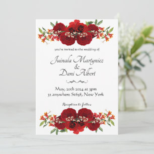 Red and gold rustic flower wedding uitnodiging
