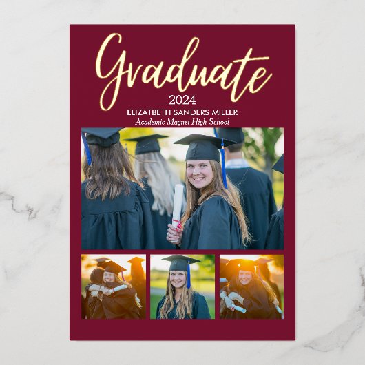 Red and Gold Script photos collage for graduated Folie Uitnodiging (Voorkant)